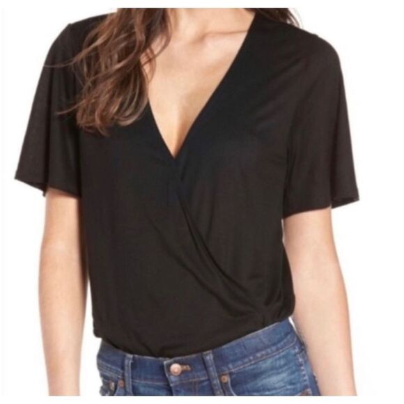 Madewell Wrap Front Bodysuit Short Sleeve V-Neck Bodysuit Black XXS NWT - Picture 1 of 9